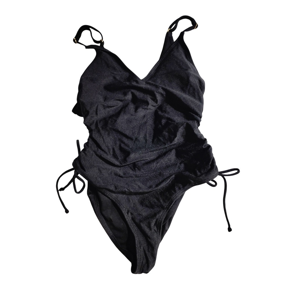 Black One Piece Ruched‎ Swimsuit Tie Side Adjustable Straps Size M